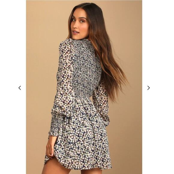 Lulus Medium Floral Forever Navy Blue Floral Print Smocked Skater Dress - Picture 13 of 15